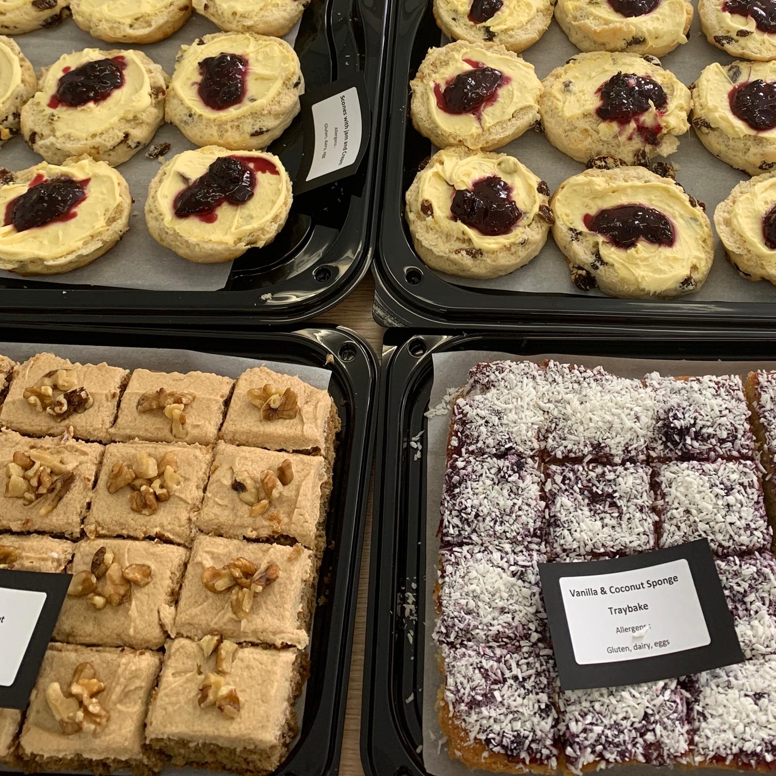 Scones with jam & cream and walnut traybakes