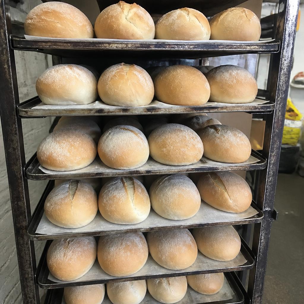 Close-up of freshly baked bread rolls on trays